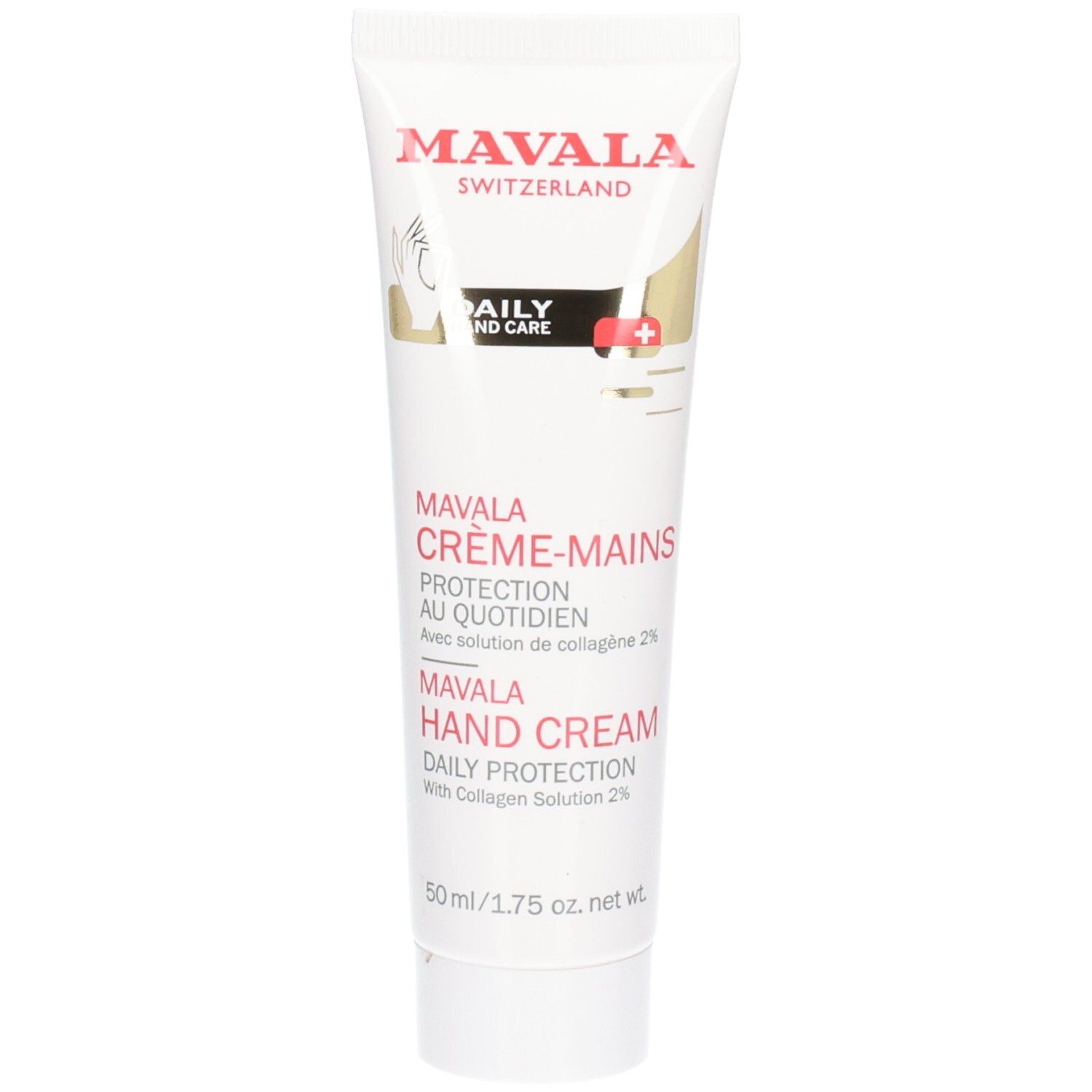 Tube blanc avec texte rouge et noir. Contient de la crème pour les mains. Marque : Mavala. Texte : Daily Hand Care, Crème-Mains, Hand Cream.
