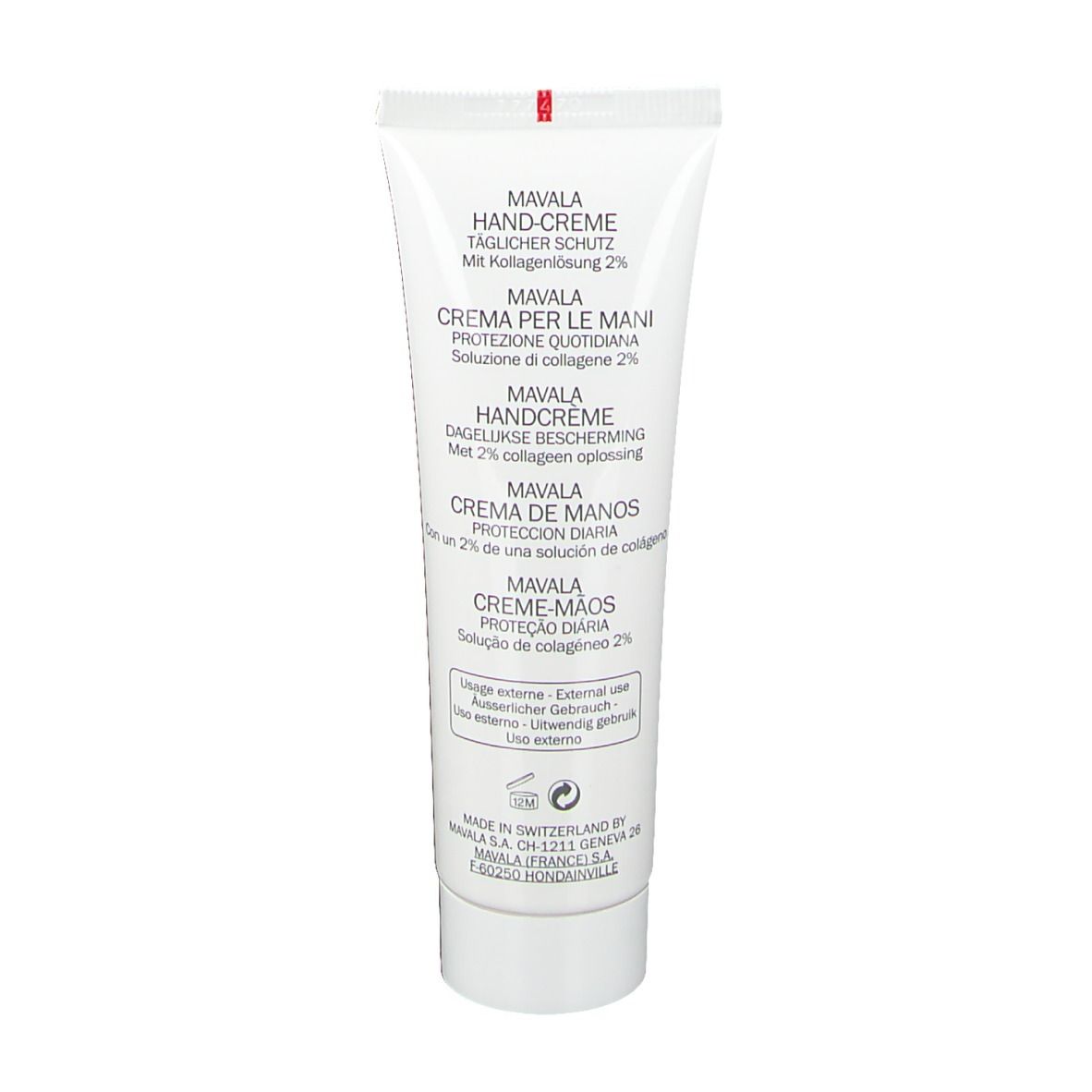 Dos d'un tube blanc. Texte multilingue. Marque : Mavala. Contient de la crème pour les mains. Texte : Hand-Creme, Crema per le mani, Hand Cream, Crema de manos, Crème-Mains.