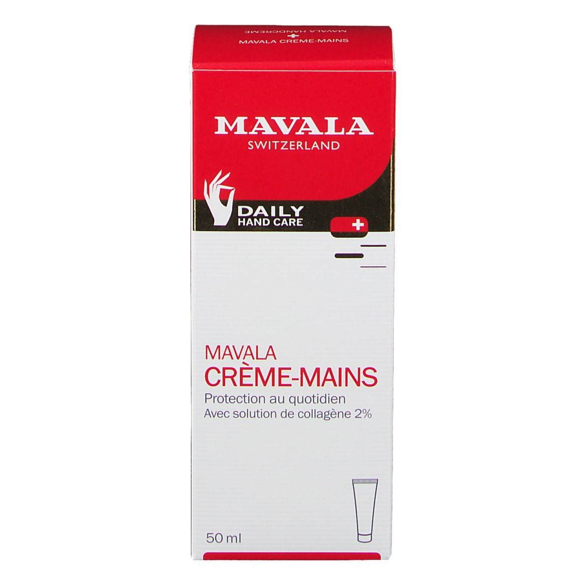 Boîte rouge et blanche. Marque : Mavala. Texte : Daily Hand Care, Crème-Mains. Contient de la crème pour les mains. Image d'un tube.