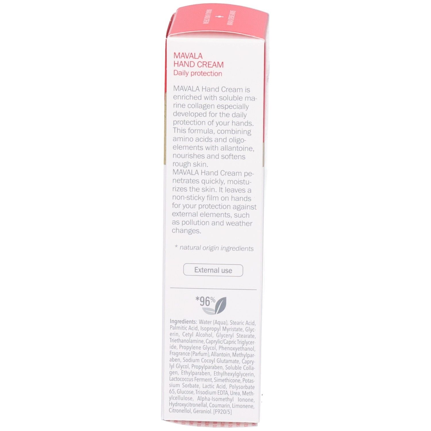 Boîte rouge et blanche. Texte : Crème-Mains, ingrédients, mode d'emploi. Marque : Mavala. Contient de la crème pour les mains.