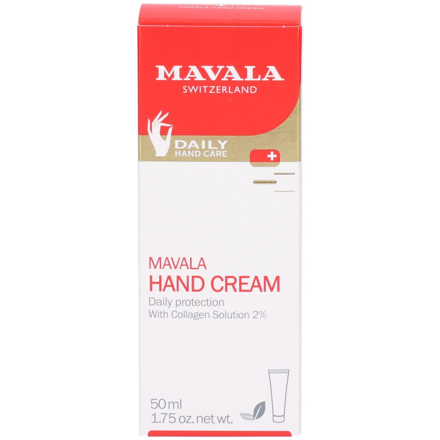Boîte rouge et blanche. Marque : Mavala. Texte : Handcreme, protection quotidienne. Contient de la crème pour les mains. Image d'un tube.