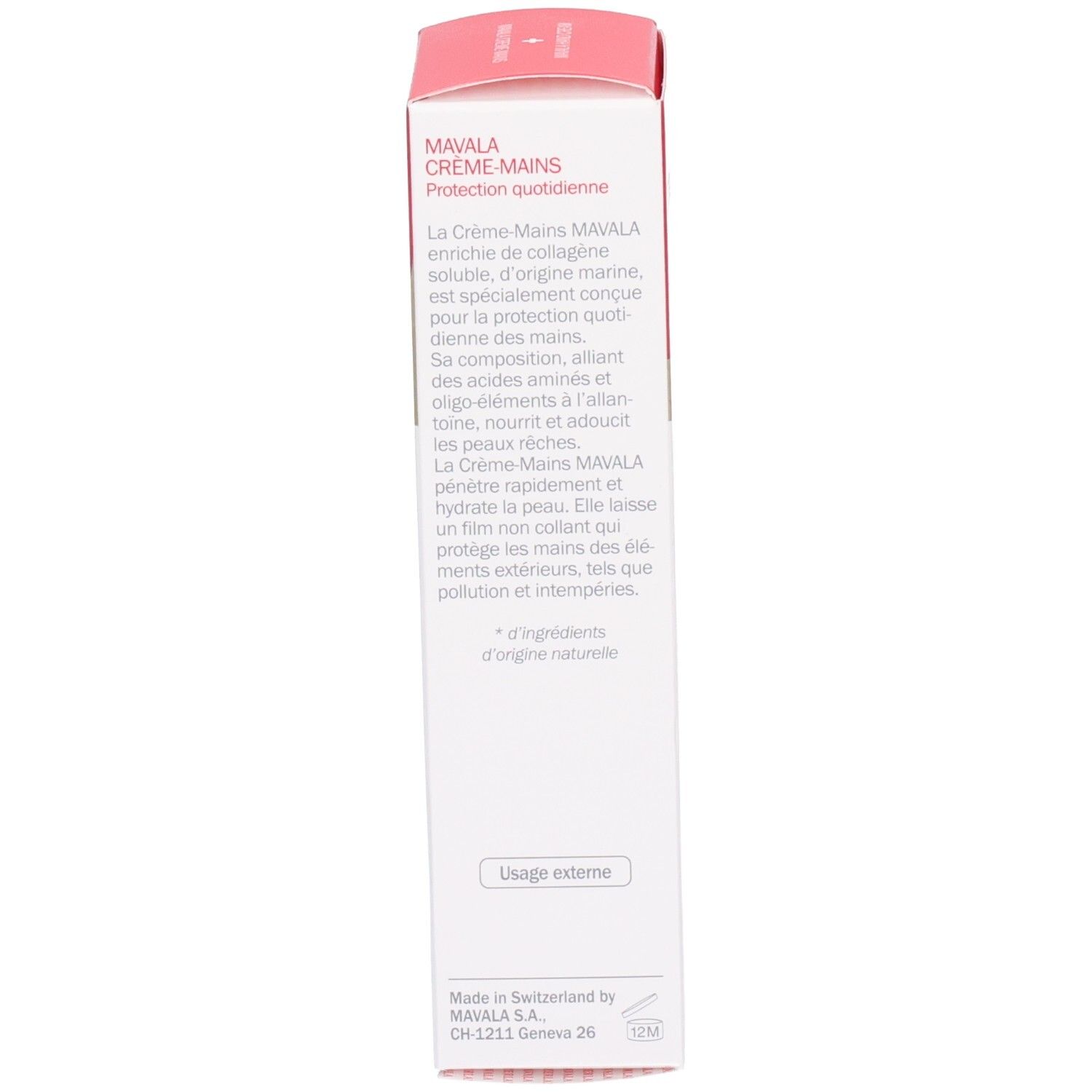 Boîte rouge et blanche. Texte : Handcreme, mode d'emploi. Marque : Mavala. Contient de la crème pour les mains.