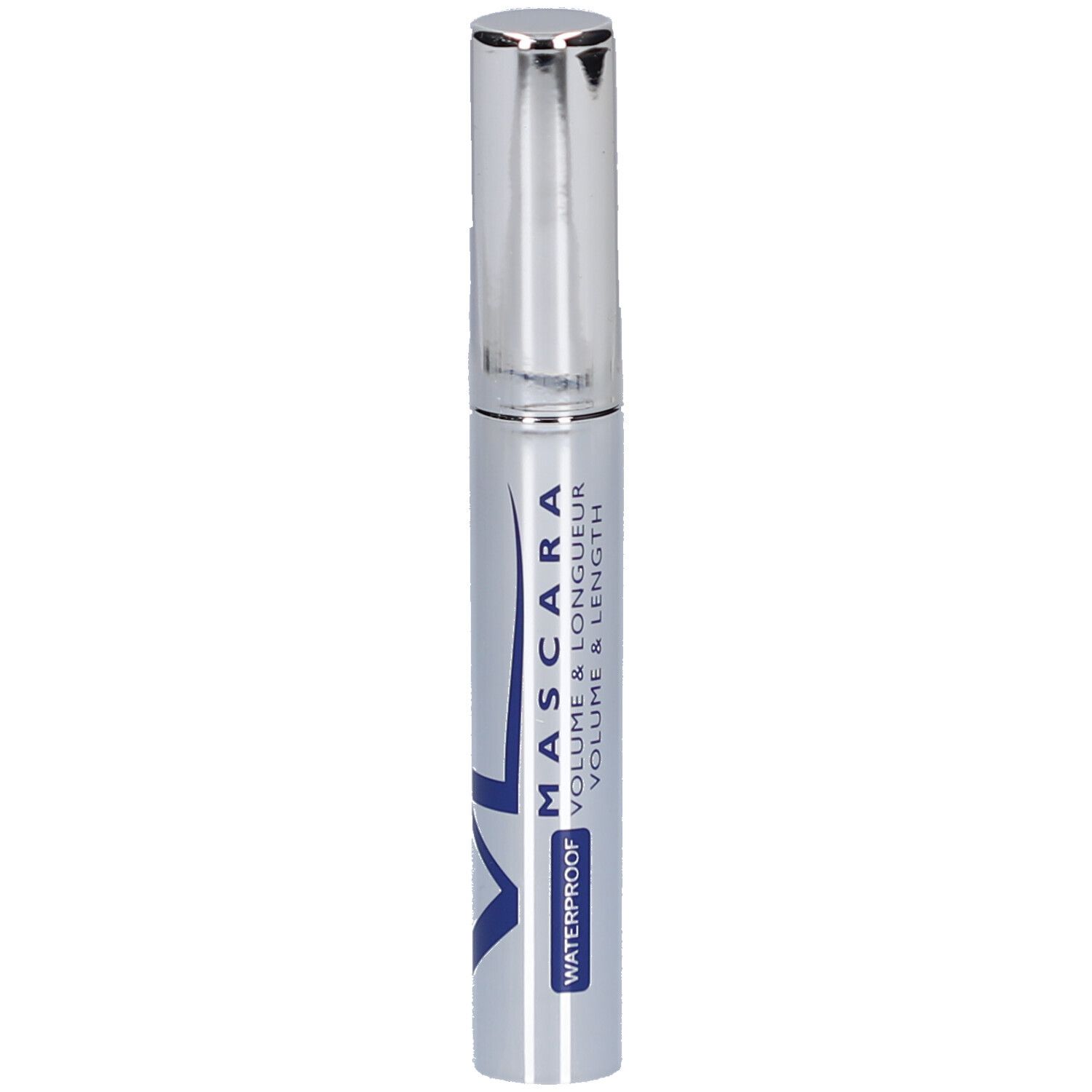 Tube de mascara argenté avec texte bleu. Texte: MASCARA, WATERPROOF, VOLUME & LONGUEUR. Marque: VL.