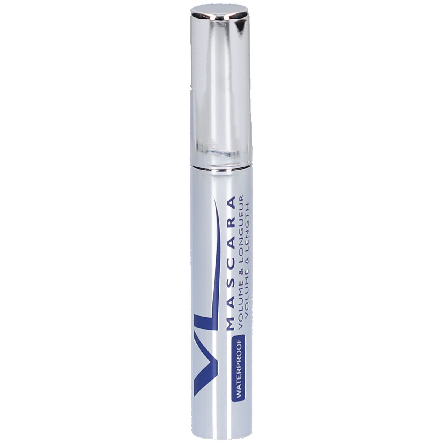 Tube de mascara argenté avec texte bleu. Texte: MASCARA, WATERPROOF, VOLUME & LONGUEUR. Marque: VL.