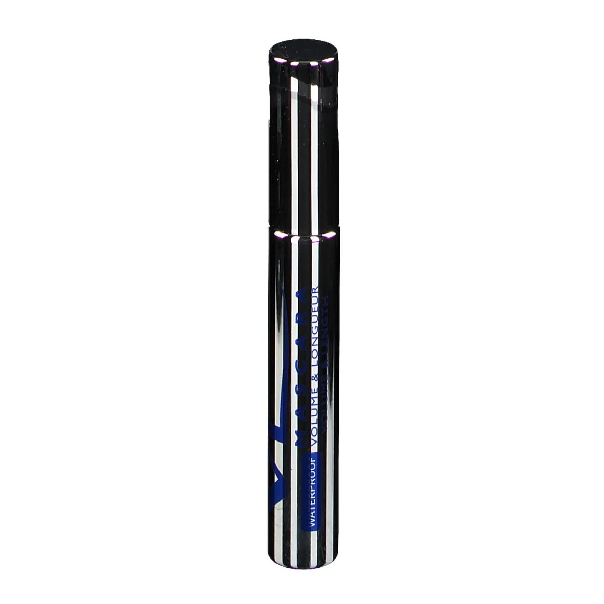 Tube de mascara à capuchon noir et rayures argent et noir. Inscription: VOLUME & LONGUEUR.