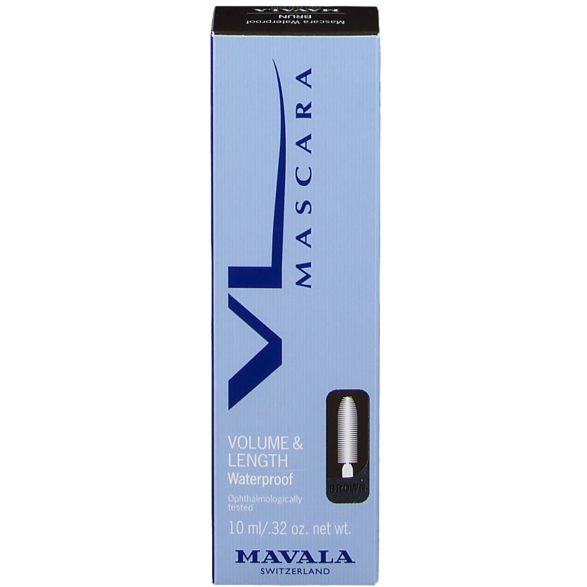 Boîte avec nom du produit, marque et informations. Inscription: MAVALA, MASCARA, VOLUME & LENGTH.