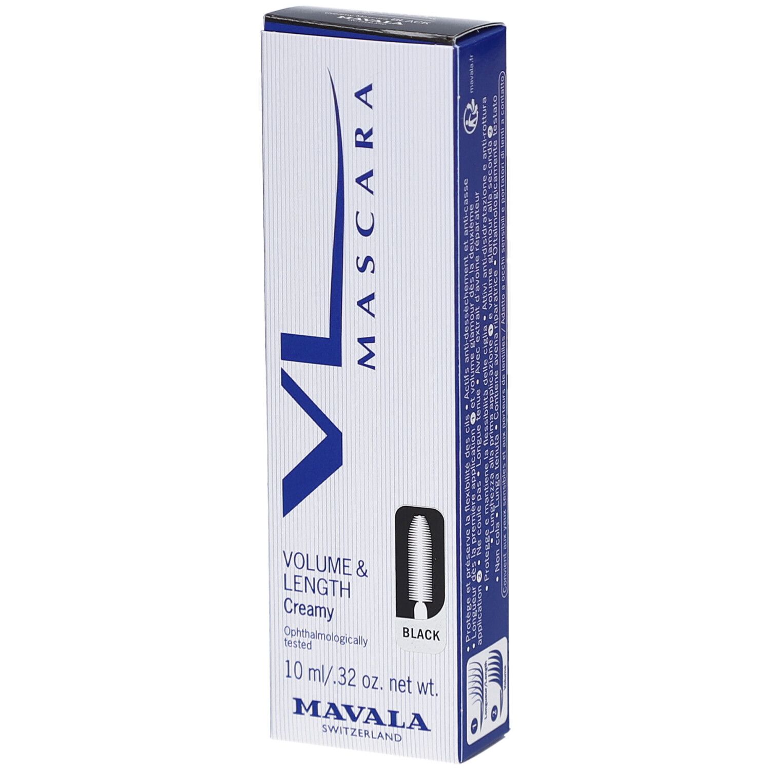 Mascara VL Black Mavala. Mascara noire dans une boîte blanche avec des accents bleus. Volume & Longueur, 10 ml.