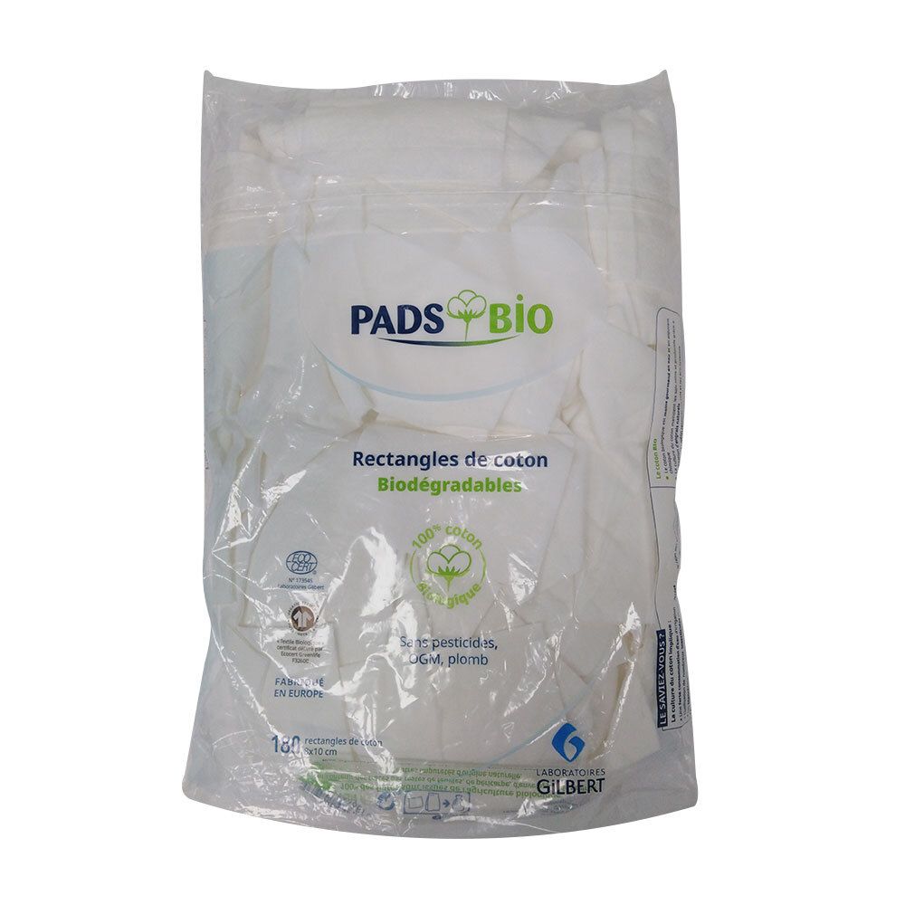 Sachet de pads. Inscription : Pads Bio, rectangles de coton biodégradables. 180 unités. Certifications.