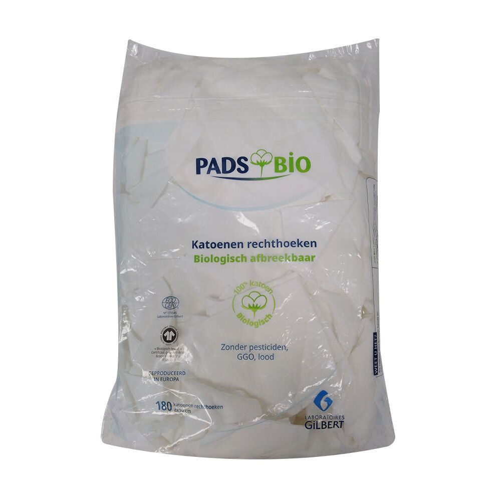 Sachet de pads. Inscription : Pads Bio, rectangles de coton biodégradables. 180 unités. Certifications.