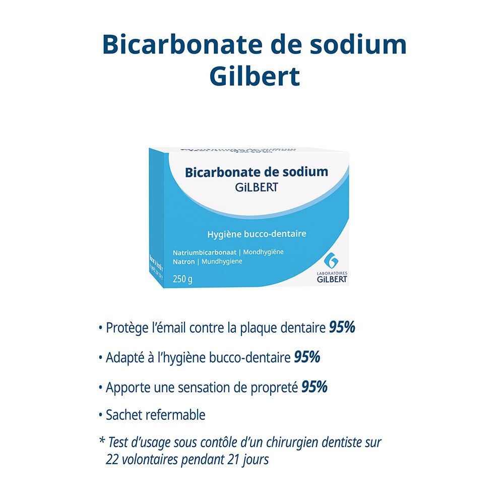 Boîte blanche et bleue « Bicarbonate de sodium GILBERT ». Informations sur le produit et pourcentages.