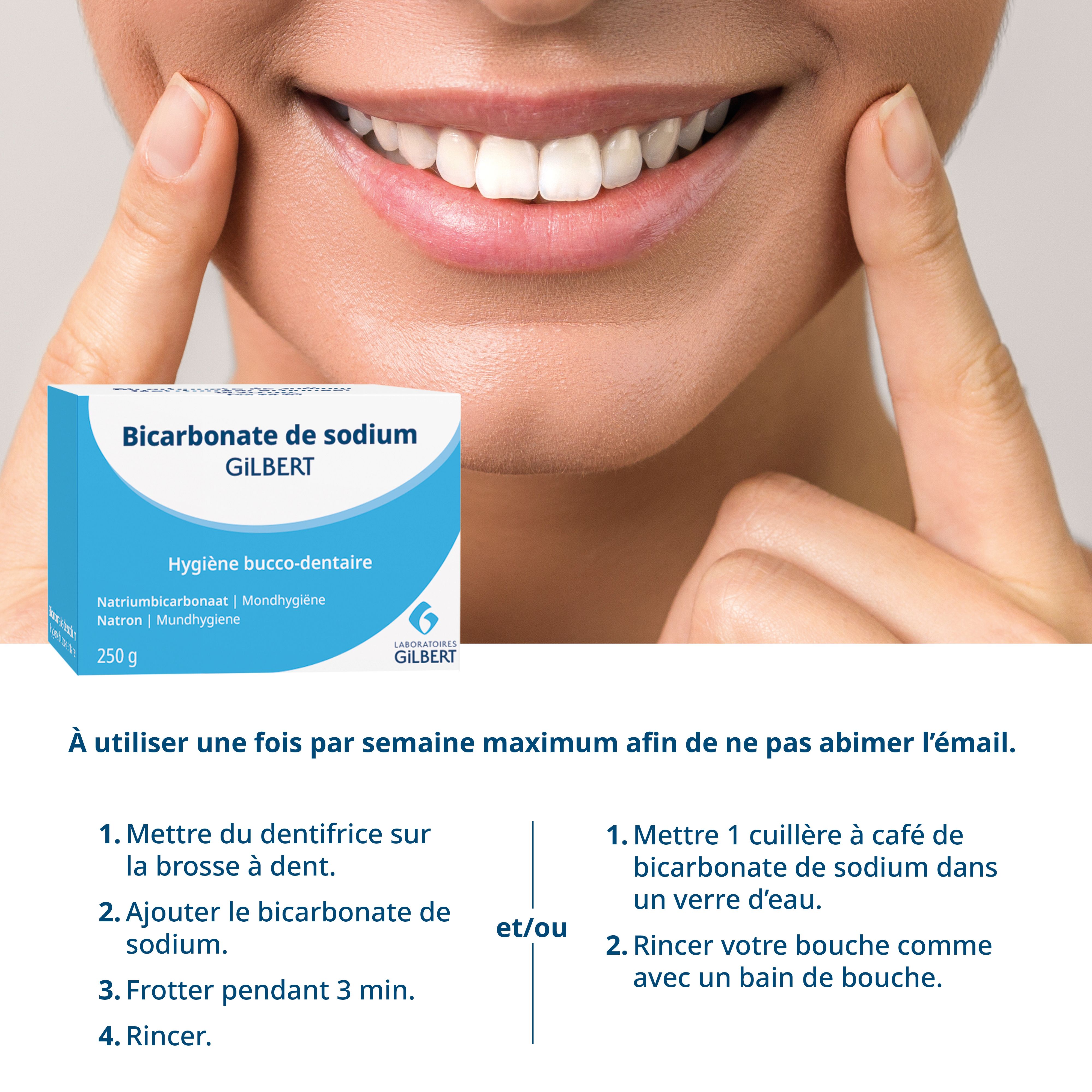 Gros plan d'un sourire. Instructions pour l'utilisation du bicarbonate de sodium pour l'hygiène bucco-dentaire.
