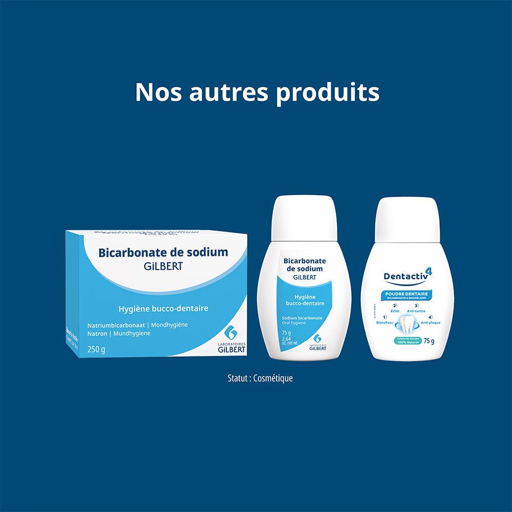 Trois produits : « Bicarbonate de sodium GILBERT », un flacon et un pot « Dentactiv ».