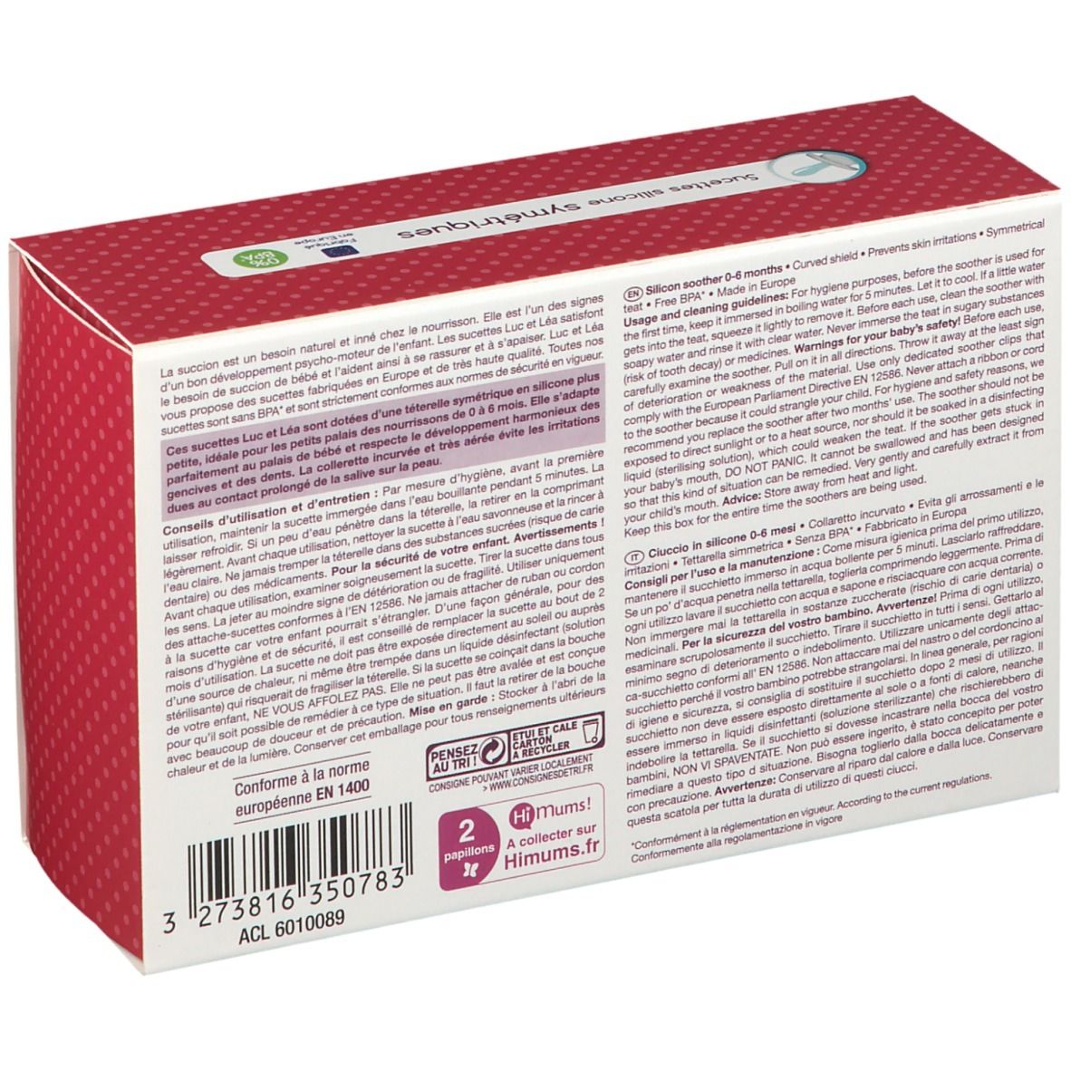 Dos de l'emballage avec informations produit. Texte multilingue. Informations fabricant et certifications.