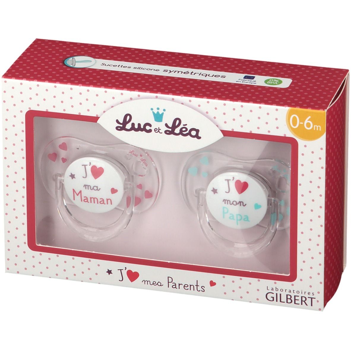 Boîte de deux sucettes symétriques. Fenêtre montrant les sucettes imprimées. Marque Luc et Léa. Âge 0-6 mois.