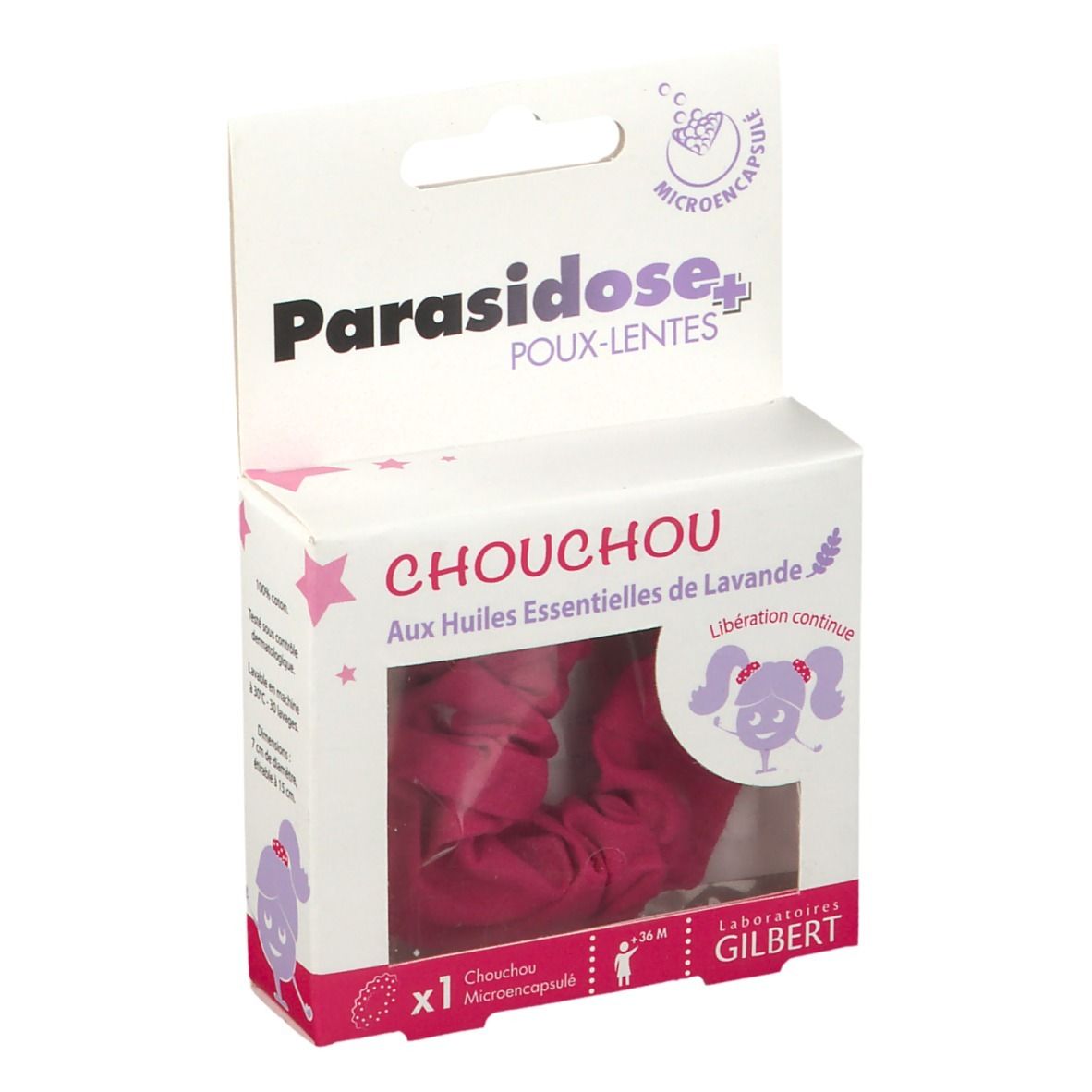 Boîte de produit. Inscription: Parasidose Poux-Lentes Chouchou. Visible: chouchou rose.