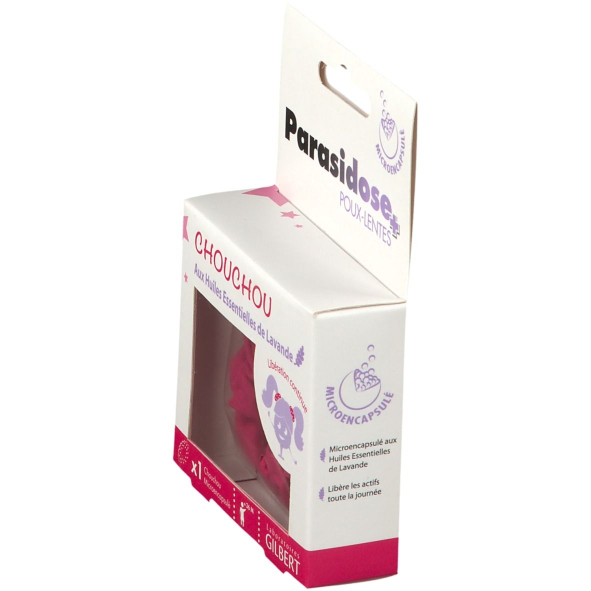 Emballage du produit. Inscription: Parasidose Poux-Lentes Chouchou. Visible: chouchou rose.