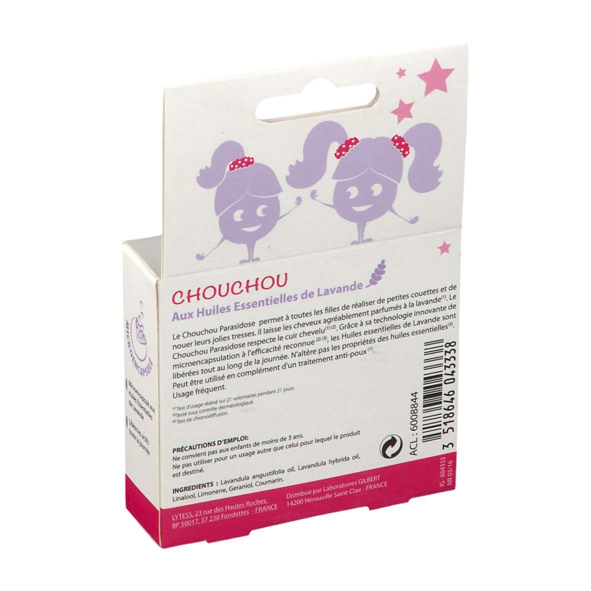 Emballage du produit. Inscription: Chouchou Aux Huiles Essentielles de Lavande. Texte et illustrations.
