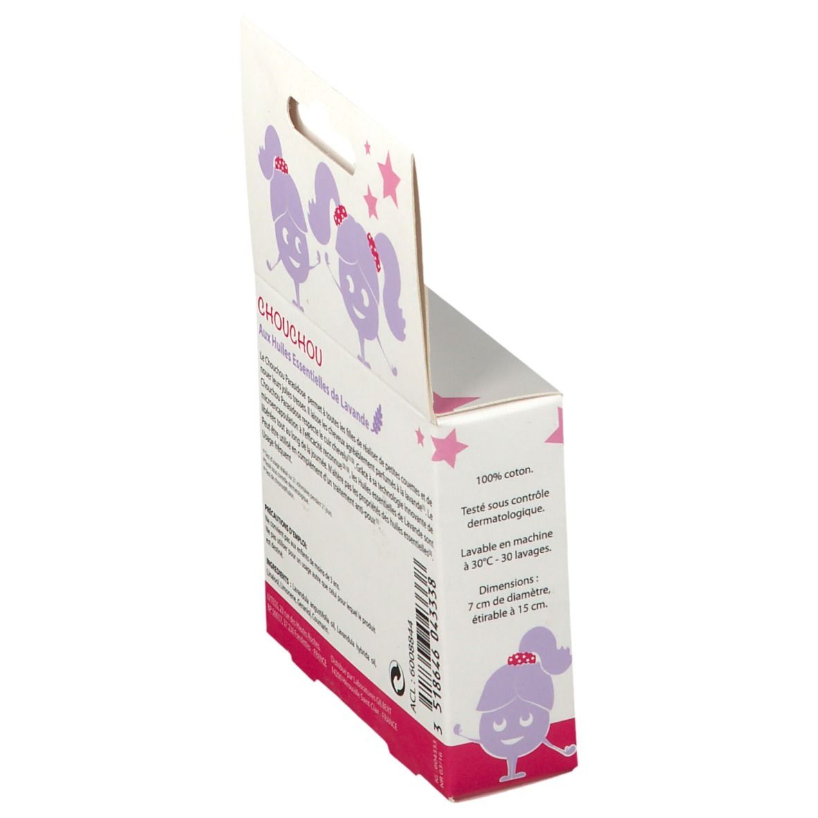 Emballage du produit. Inscription: Chouchou Aux Huiles Essentielles de Lavande. Texte et illustrations.