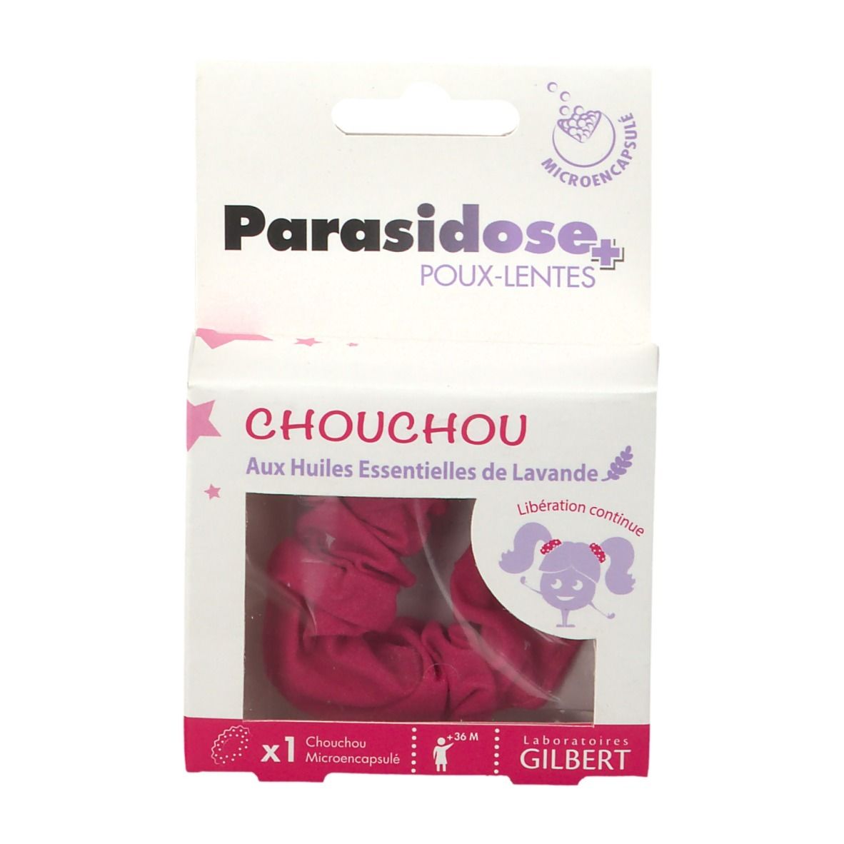 Boîte de produit. Inscription: Parasidose Poux-Lentes Chouchou. Visible: chouchou rose.