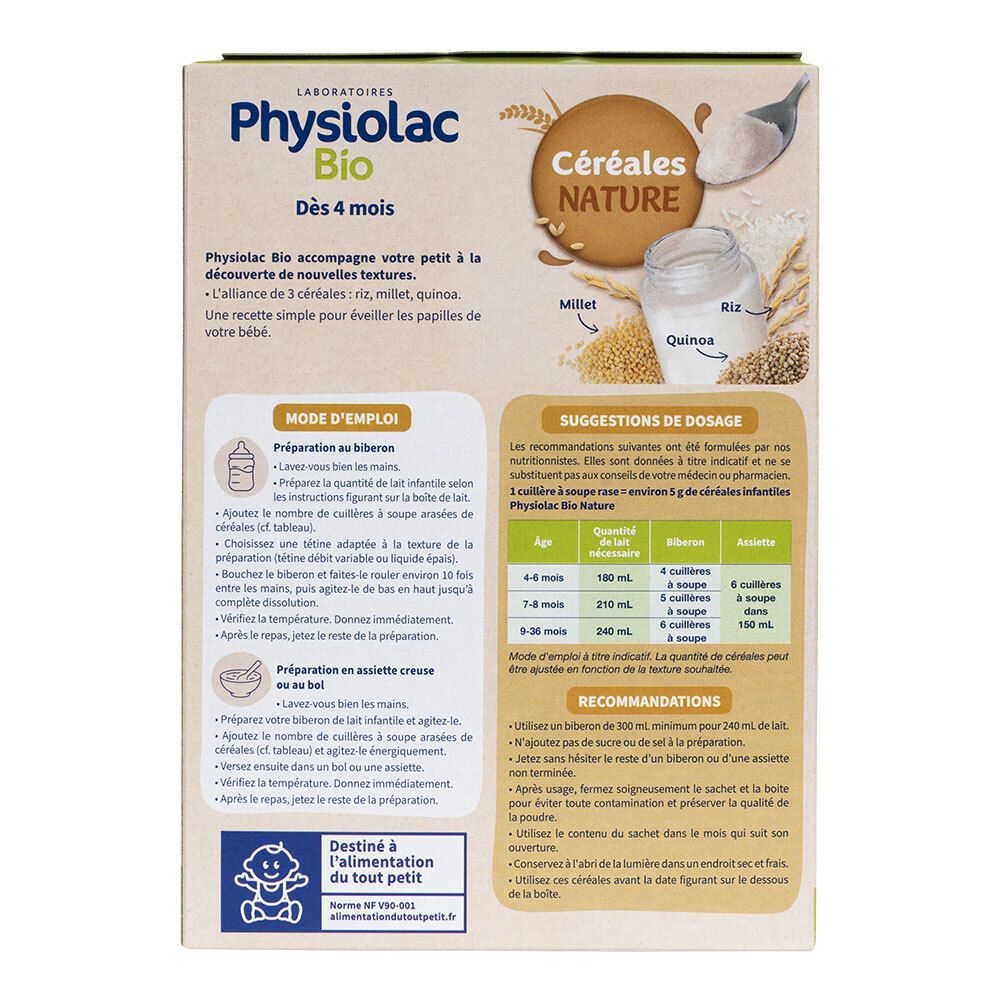 Dos de la boîte Physiolac Bio Céréales Nature. Mode d'emploi et recommandations de dosage. Informations sur les ingrédients.