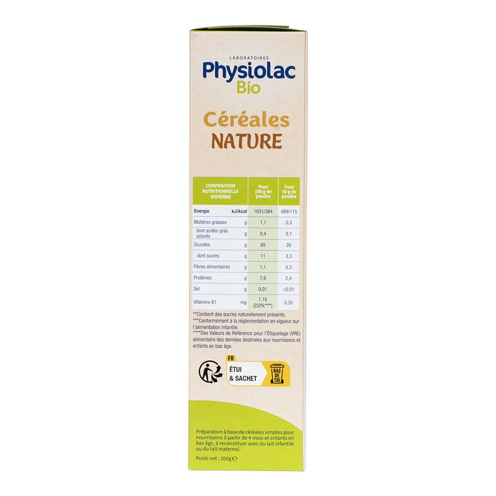 Côté de la boîte Physiolac Bio Céréales Nature. Informations nutritionnelles pour 100g. Contient énergie, lipides, glucides, protéines.