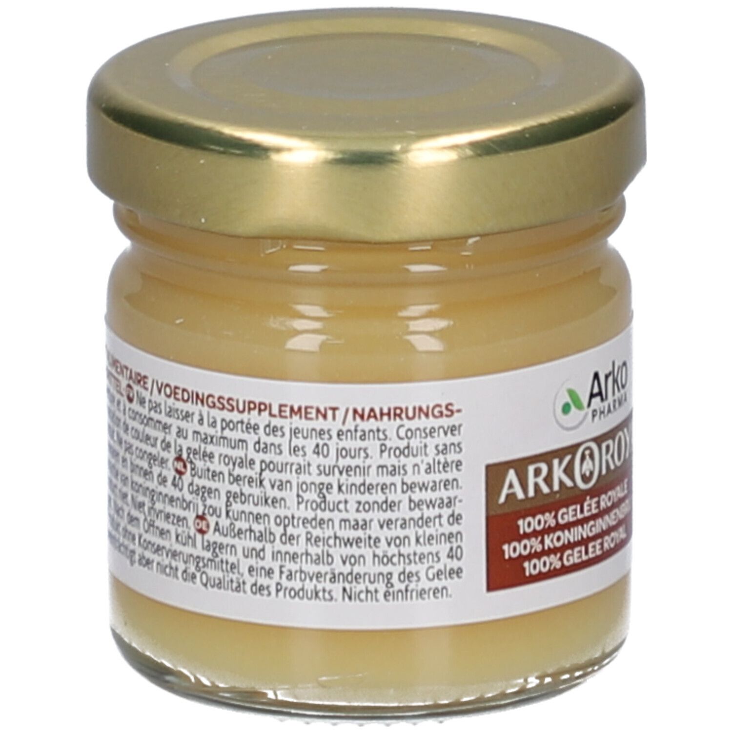 Pot en verre avec couvercle doré. Contient un liquide jaunâtre. Inscription: Arkoroyal, 100% Gelée Royale.