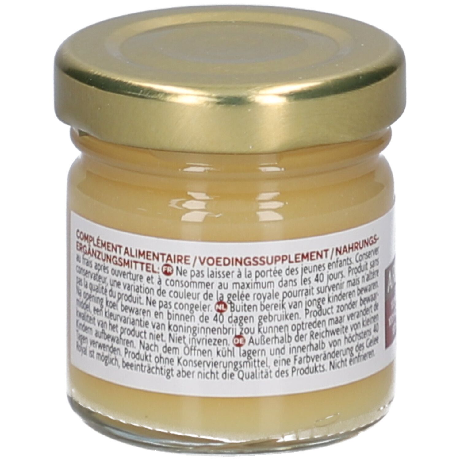 Pot en verre avec couvercle doré. Contient un liquide jaunâtre. Inscription: Arkoroyal, 100% Gelée Royale.