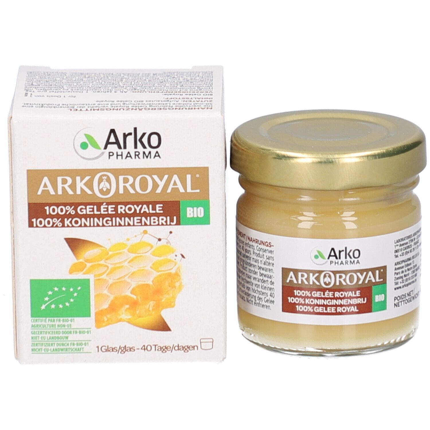 Emballage et pot. Inscription: Arkoroyal, 100% Gelée Royale. Label Bio. 1 pot/40 jours.