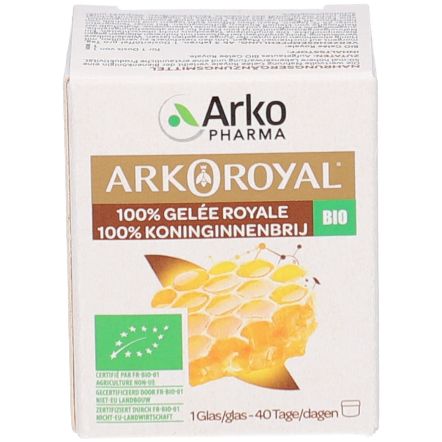Boîte en carton. Inscription: Arkoroyal, 100% Gelée Royale Bio. Label Bio. 1 pot/40 jours.