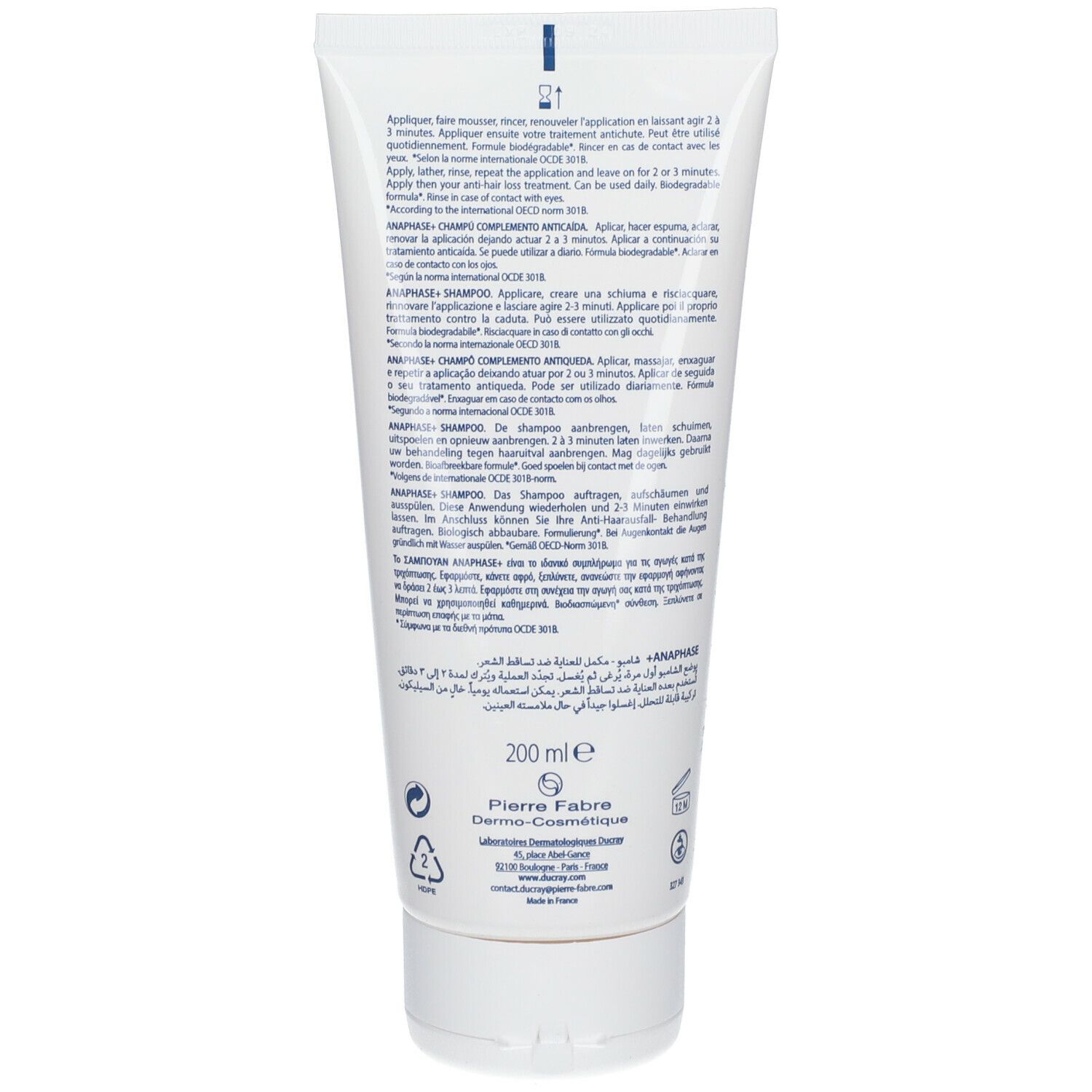 Dos du tube. Texte multilingue. Contient des informations sur le produit et le fabricant. Volume : 200 ml.