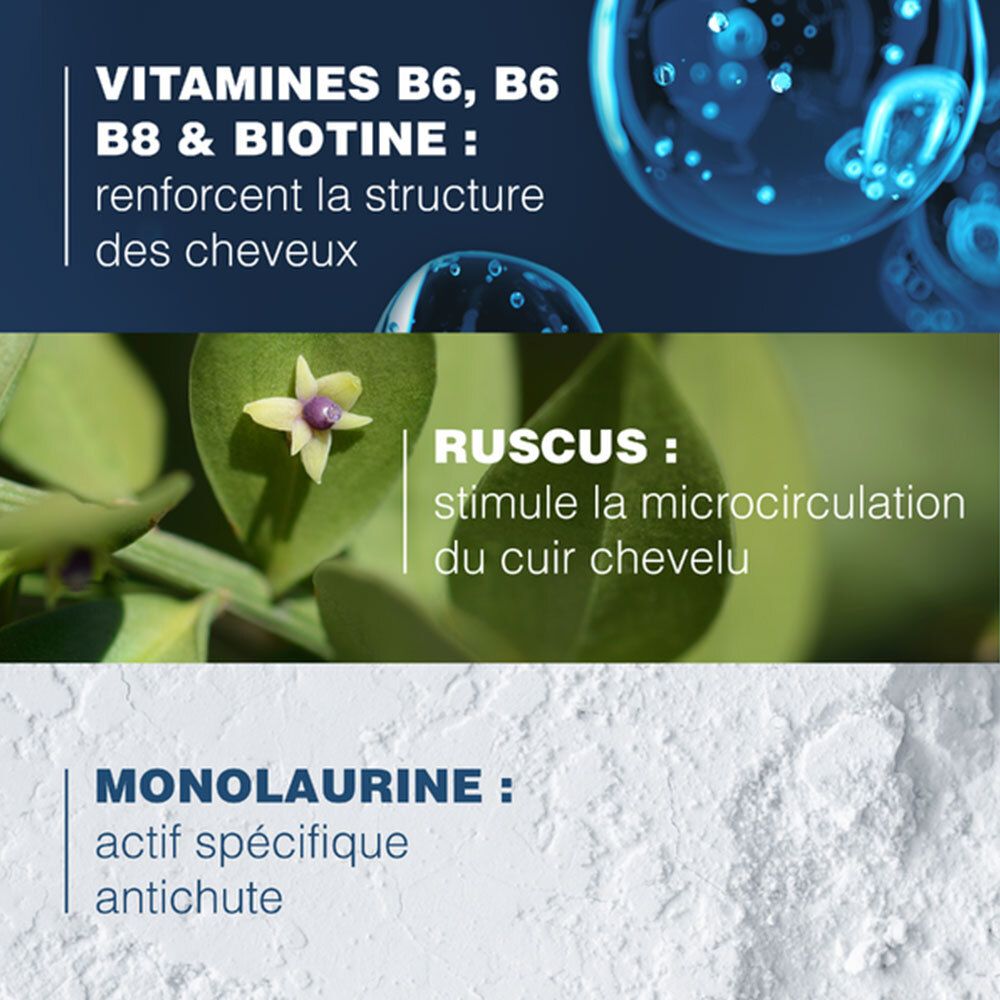 Gros plan sur ingrédients. Textes: Vitamines B6, B8. Ruscus. Monolaurine.
