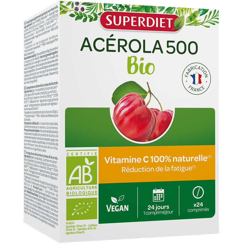 Boîte d'Acerola 500 Bio, Vitamine C d'origine naturelle, 24 comprimés à croquer.