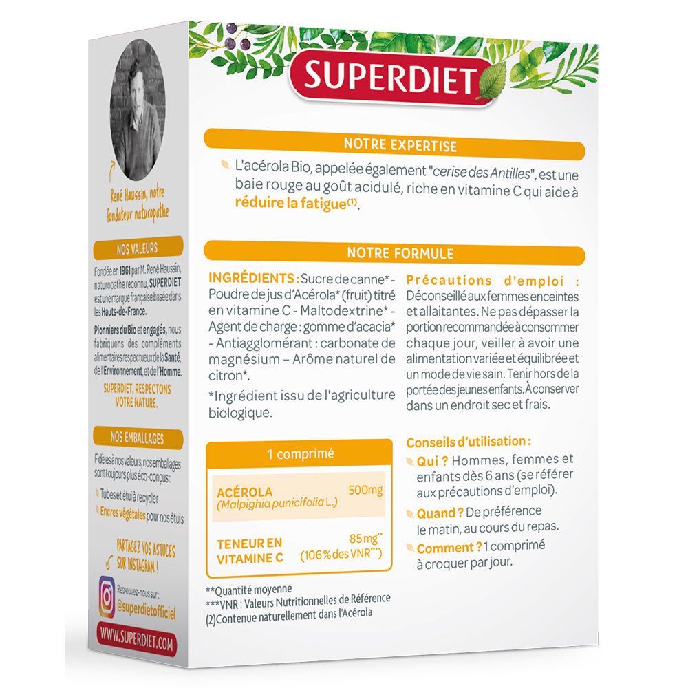 Arrière de la boîte Acerola 500 Bio avec informations nutritionnelles et conseils d'utilisation.