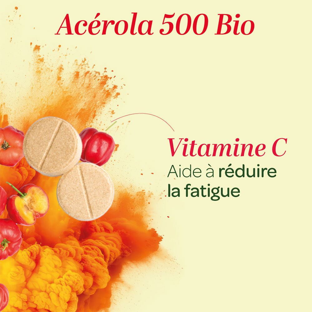 Deux comprimés à croquer Acerola 500 Bio avec pulpe d'acérola et mention Vitamine C.