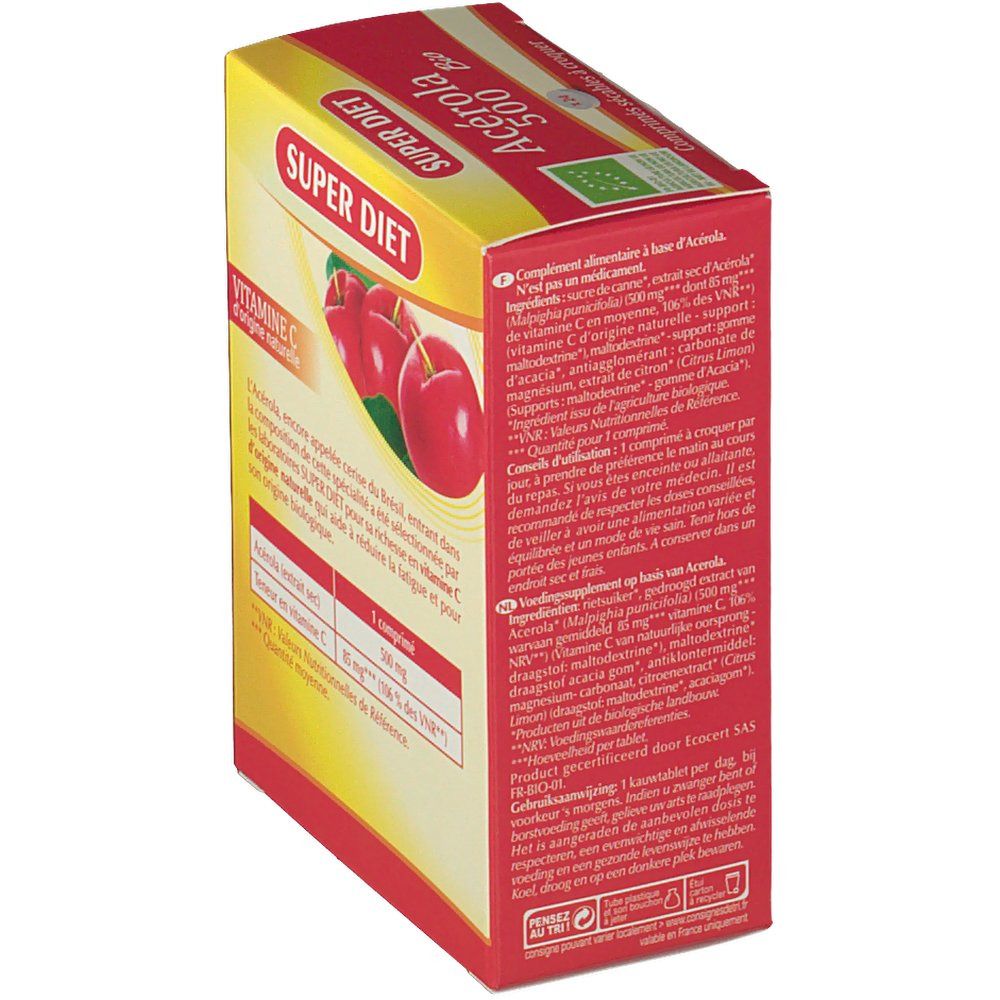 Vue latérale de la boîte Acerola 500 Bio avec liste des ingrédients et conseils d'utilisation.