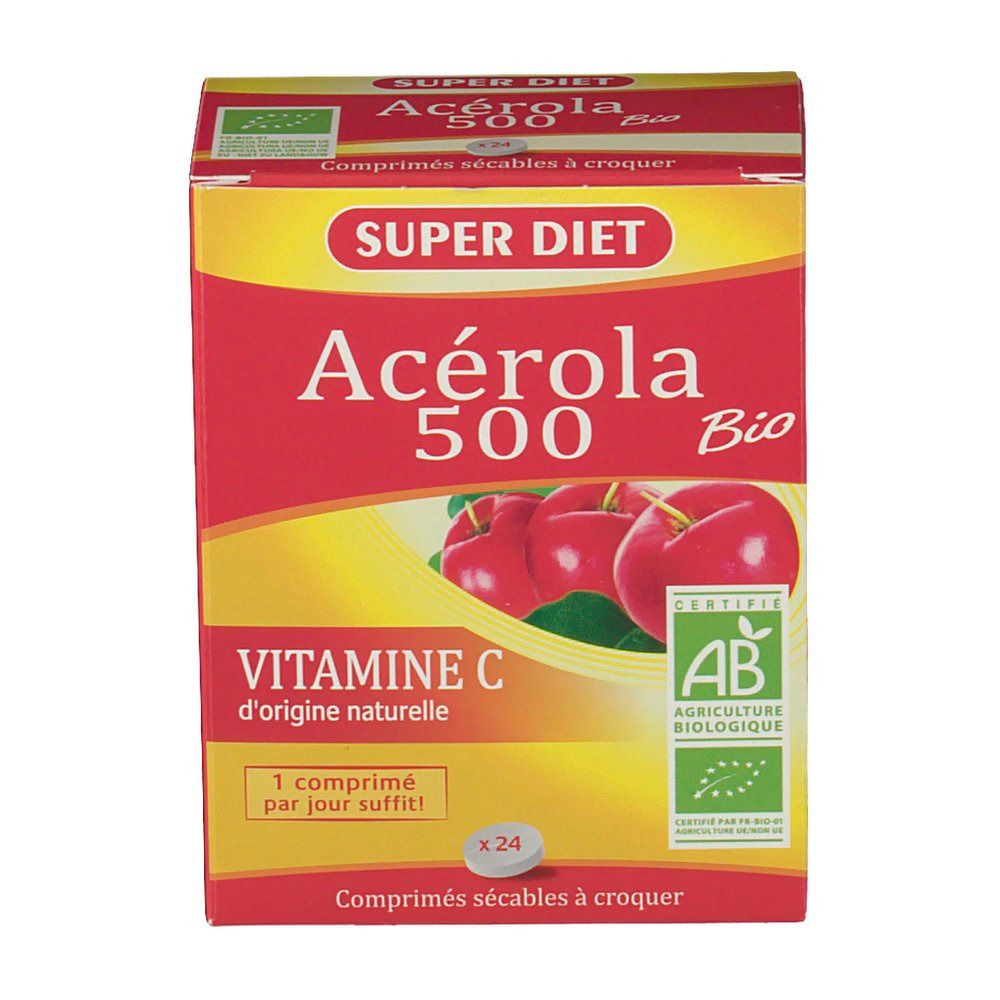 Boîte d'Acerola 500 Bio, Vitamine C d'origine naturelle, 24 comprimés à croquer.