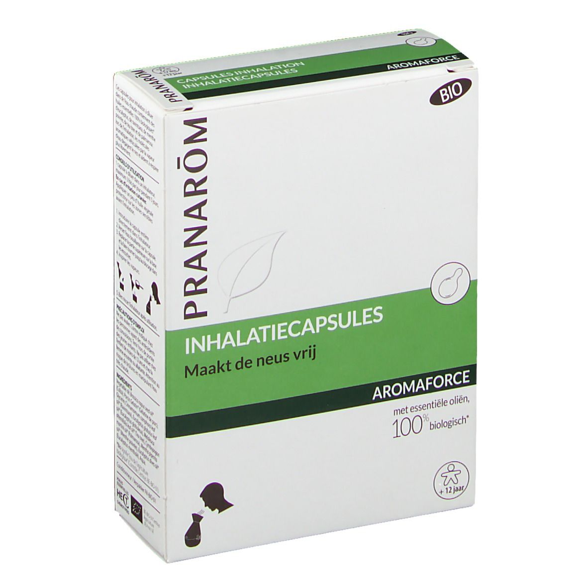 Boîte blanche, accents verts. Inscription: Pranarôm, Capsules Inhalation, Aromaforce, label Bio. Illustration d'une personne.