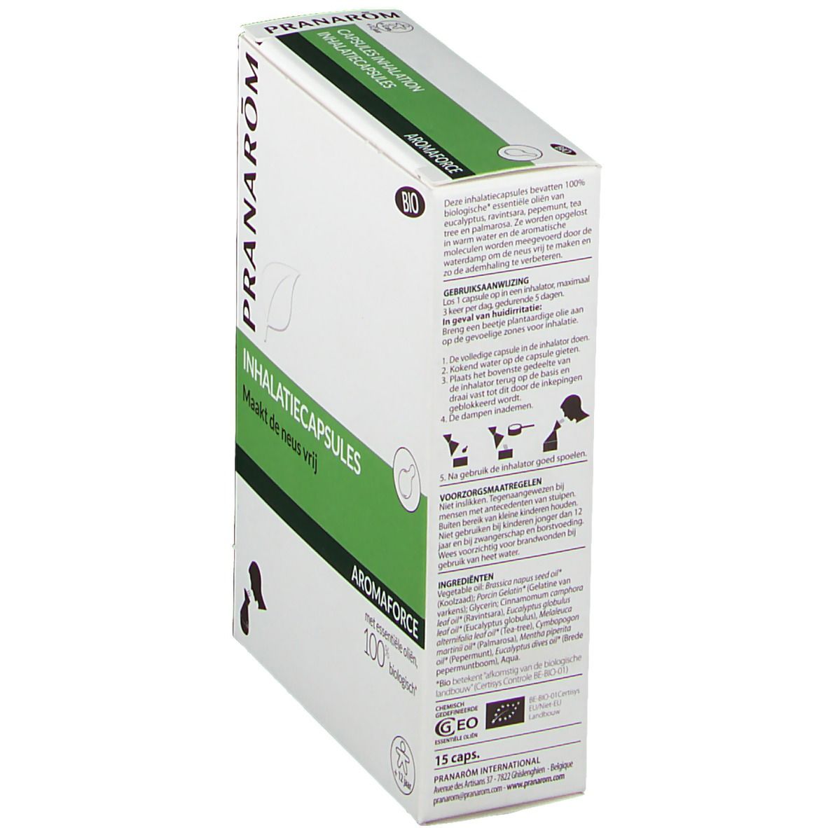 Boîte avec texte et illustrations. Inscription: Pranarôm, Capsules Inhalation, Aromaforce, label Bio. Contient 15 capsules.