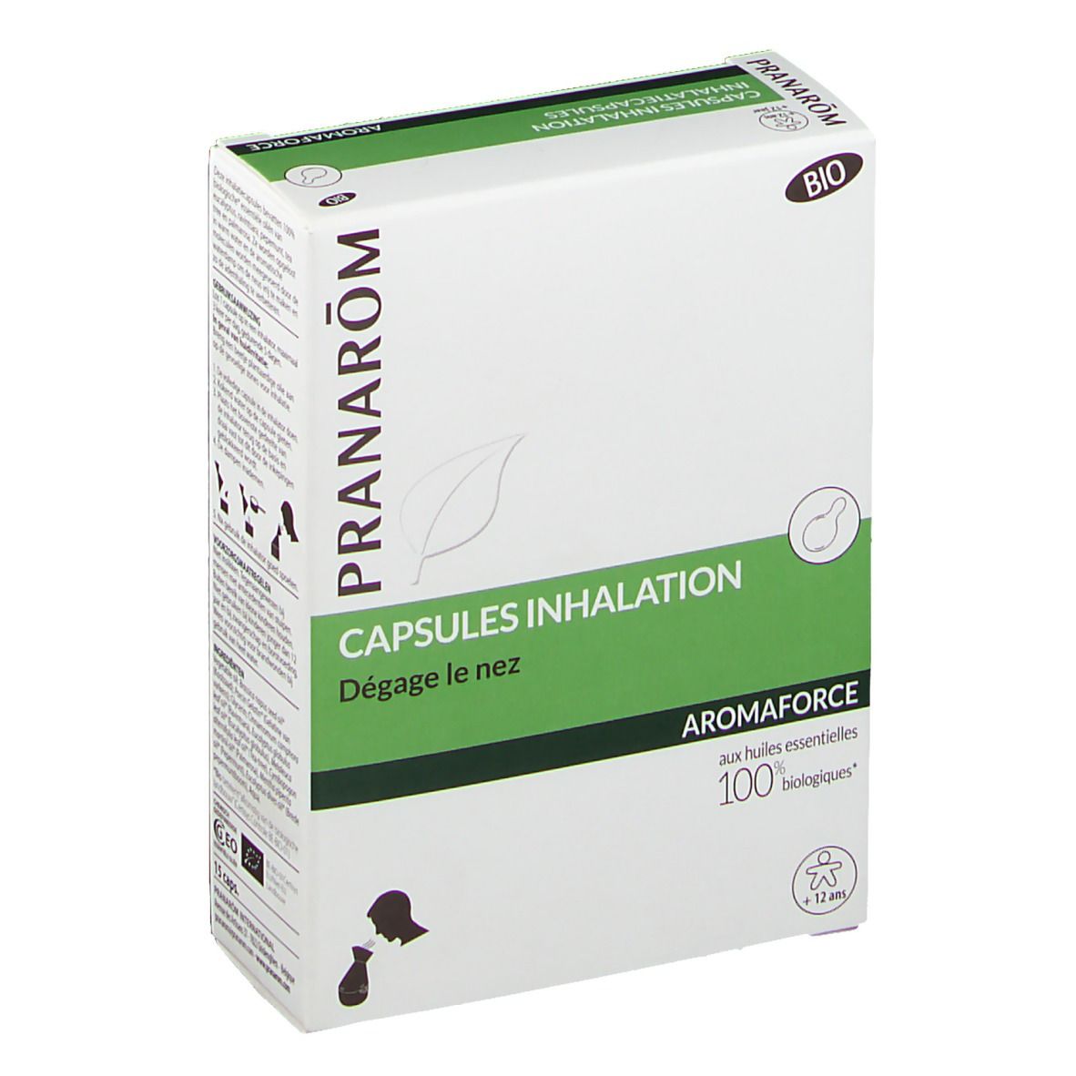 Boîte blanche, accents verts. Inscription: Pranarôm, Capsules Inhalation, Aromaforce, label Bio. Illustration d'une personne.