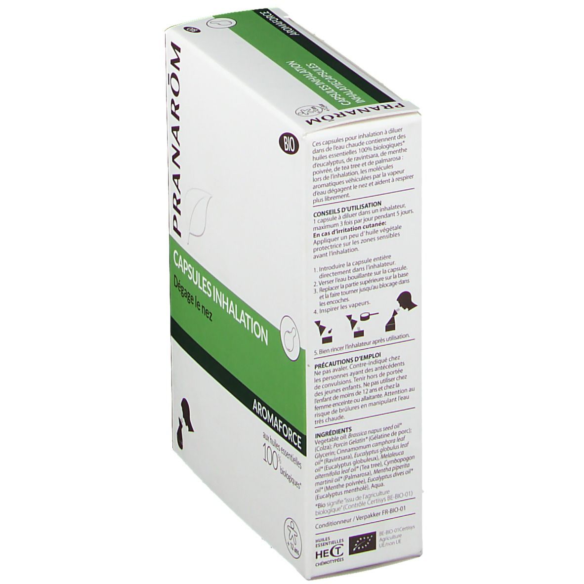 Boîte avec texte et illustrations. Inscription: Pranarôm, Capsules Inhalation, Aromaforce, label Bio. Contient 15 capsules.