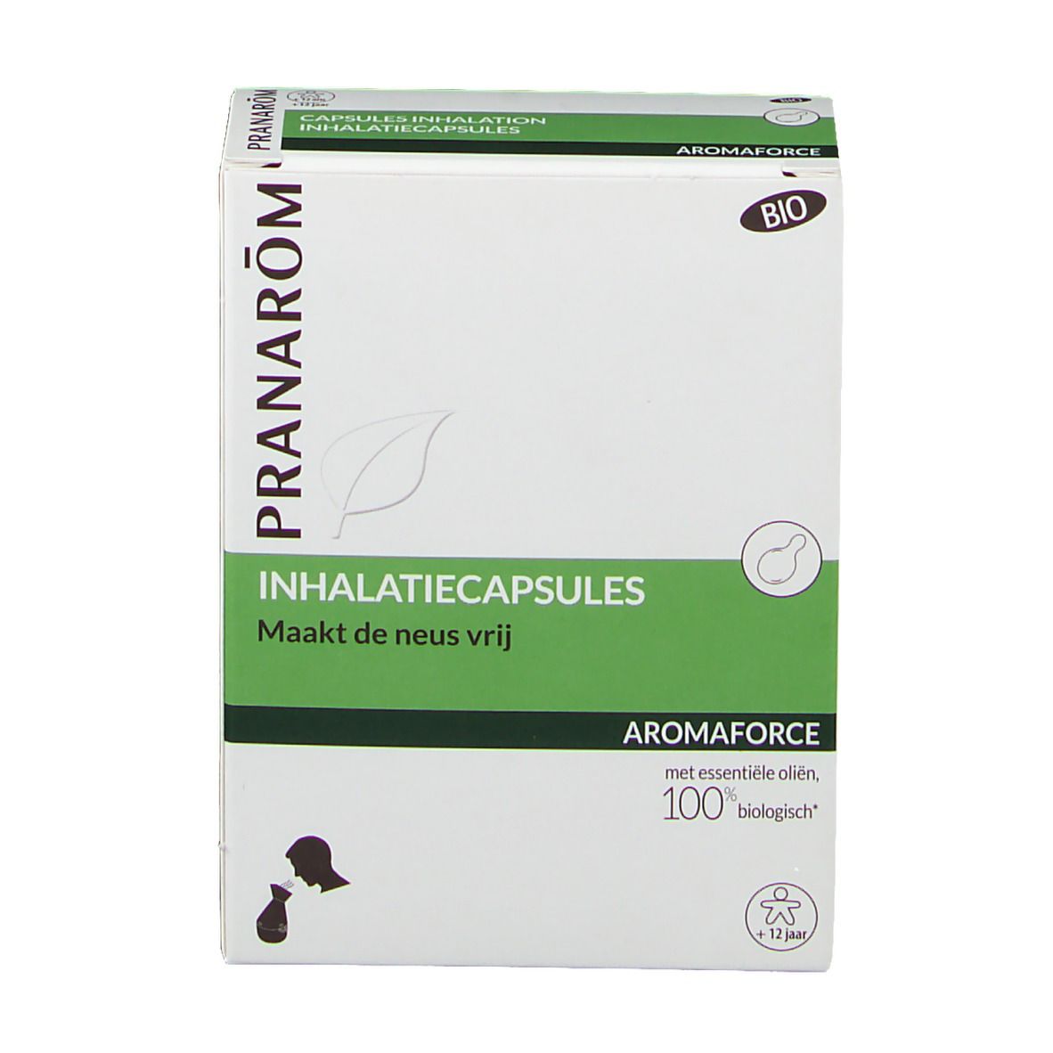 Boîte blanche, accents verts. Inscription: Pranarôm, Inhalatiecapsules, Aromaforce, label Bio. Illustration d'une personne.
