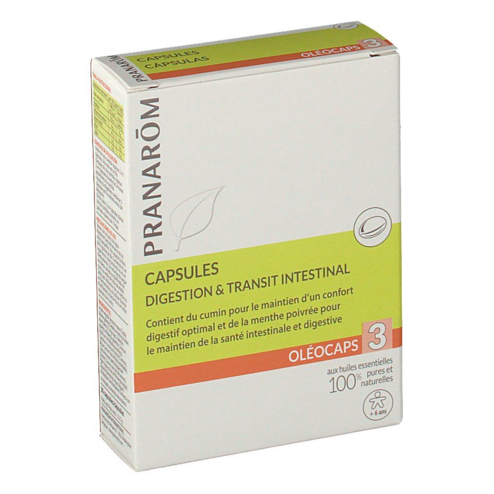 Boîte de capsules. Texte: PRANAROM, CAPSULES, DIGESTION & TRANSIT INTESTINAL, OLEOCAPS 3. Vert, blanc et orange.
