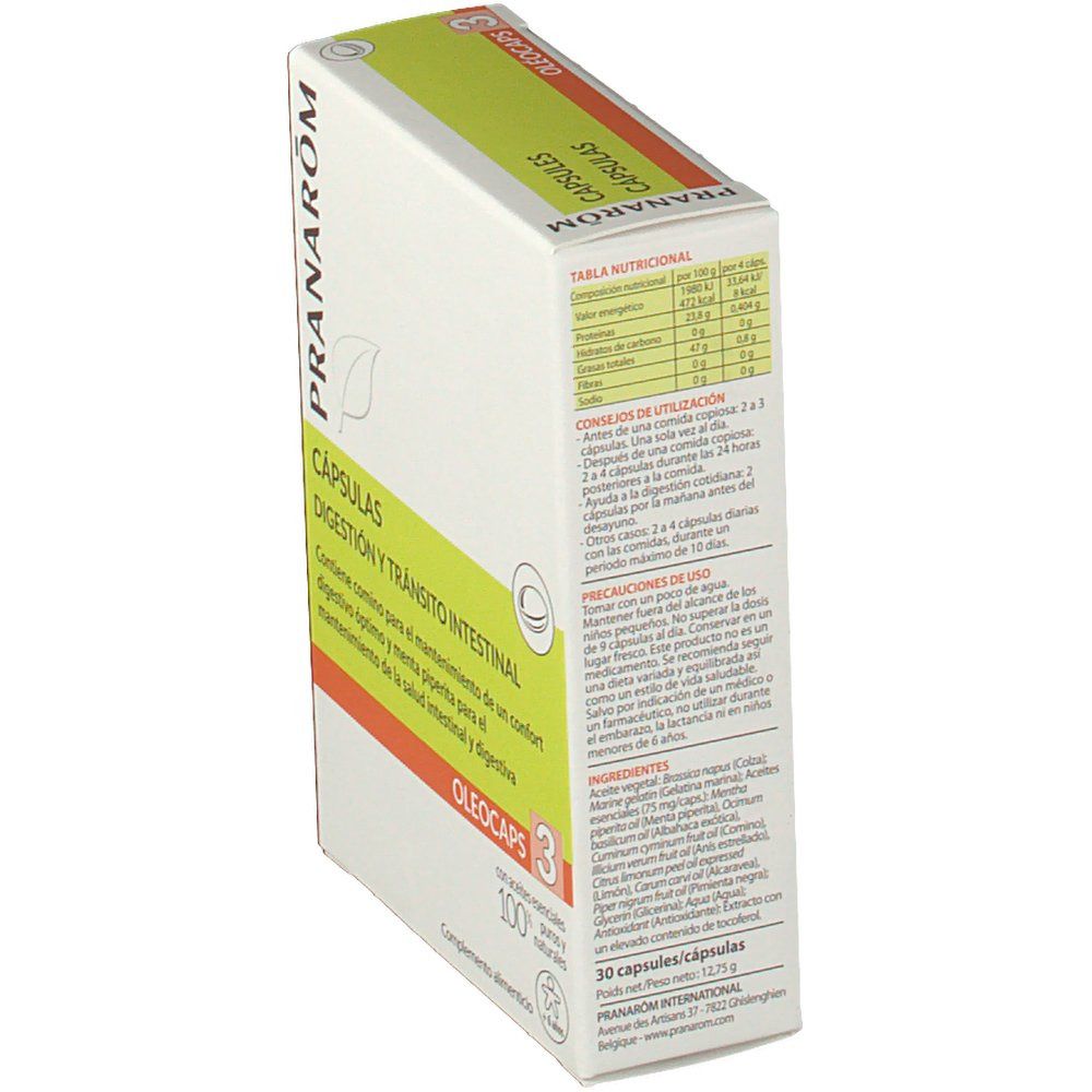 Boîte de gélules, en biais. Texte: PRANAROM, CAPSULES, DIGESTION & TRANSIT INTESTINAL, OLEOCAPS 3. Dos avec texte.