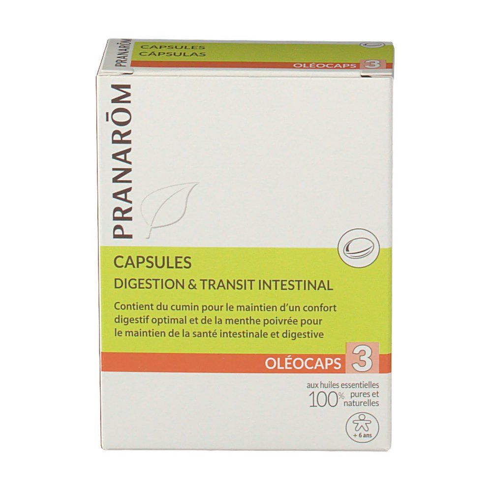 Boîte de gélules. Texte: PRANAROM, CAPSULES, DIGESTION & TRANSIT INTESTINAL, OLEOCAPS 3. Vert, blanc et orange.