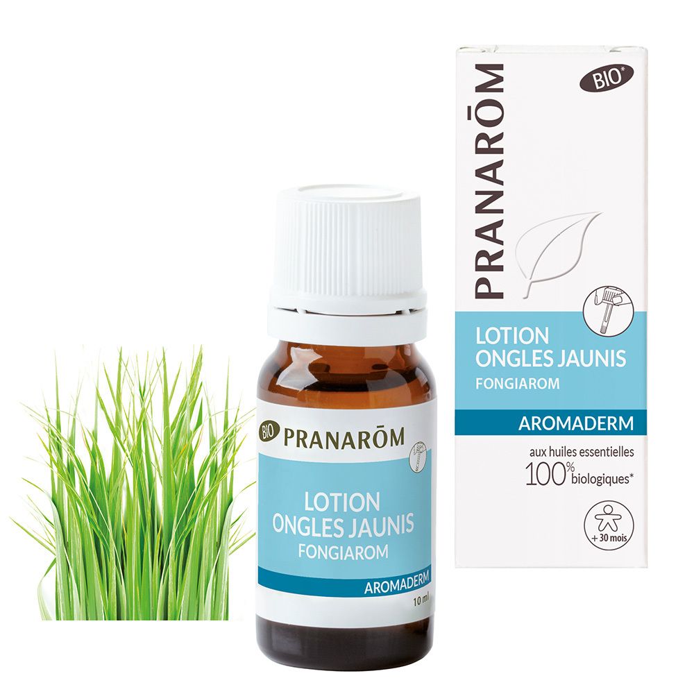 Pranarom Aromaderm Lotion ongles jaunes, flacon 10 ml avec boîte et herbe.
