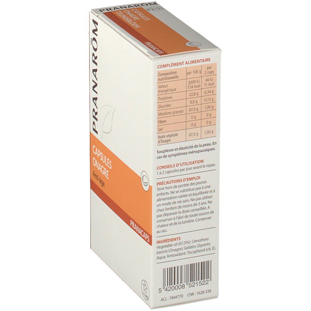 Boîte en carton Pranarom Capsules Onagre Anti-Âge. Ingrédients et informations nutritionnelles visibles. Vue en biais.