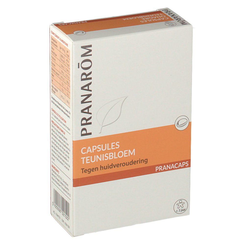 Boîte en carton Pranarom Capsules Teunisbloem Tegen huidveroudering. Accent orange. Informations nutritionnelles et ingrédients.