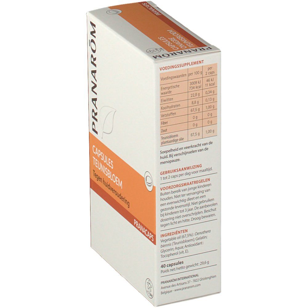 Boîte en carton Pranarom Capsules Teunisbloem Tegen huidveroudering. Ingrédients et informations nutritionnelles. Vue en biais.