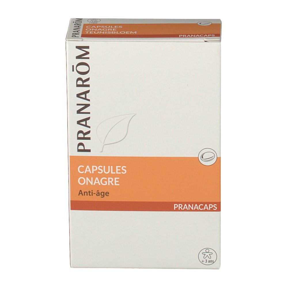 Boîte en carton Pranarom Capsules Onagre Anti-Âge. Accent orange. Informations visibles.