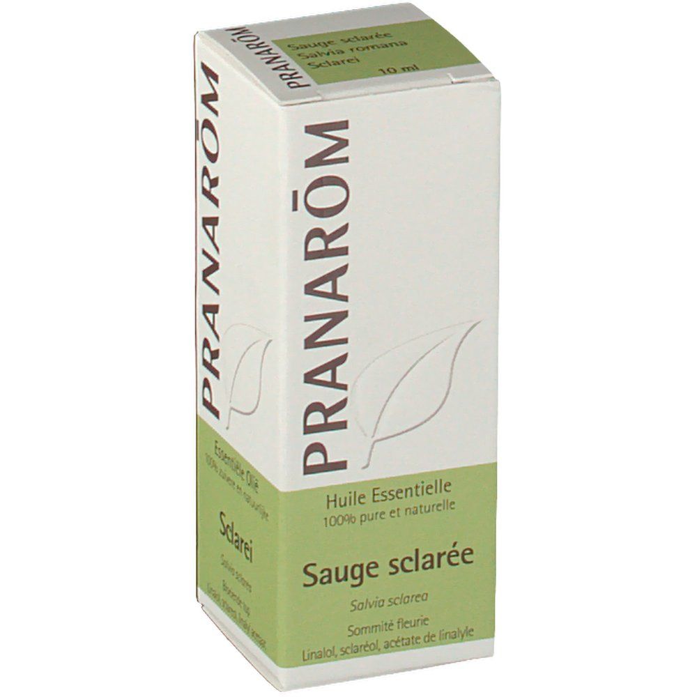 Boîte en carton. Inscriptions: PRANAROM, Sauge sclarée, 100% pure et naturelle. Logo feuille. Couleurs vert et blanc.